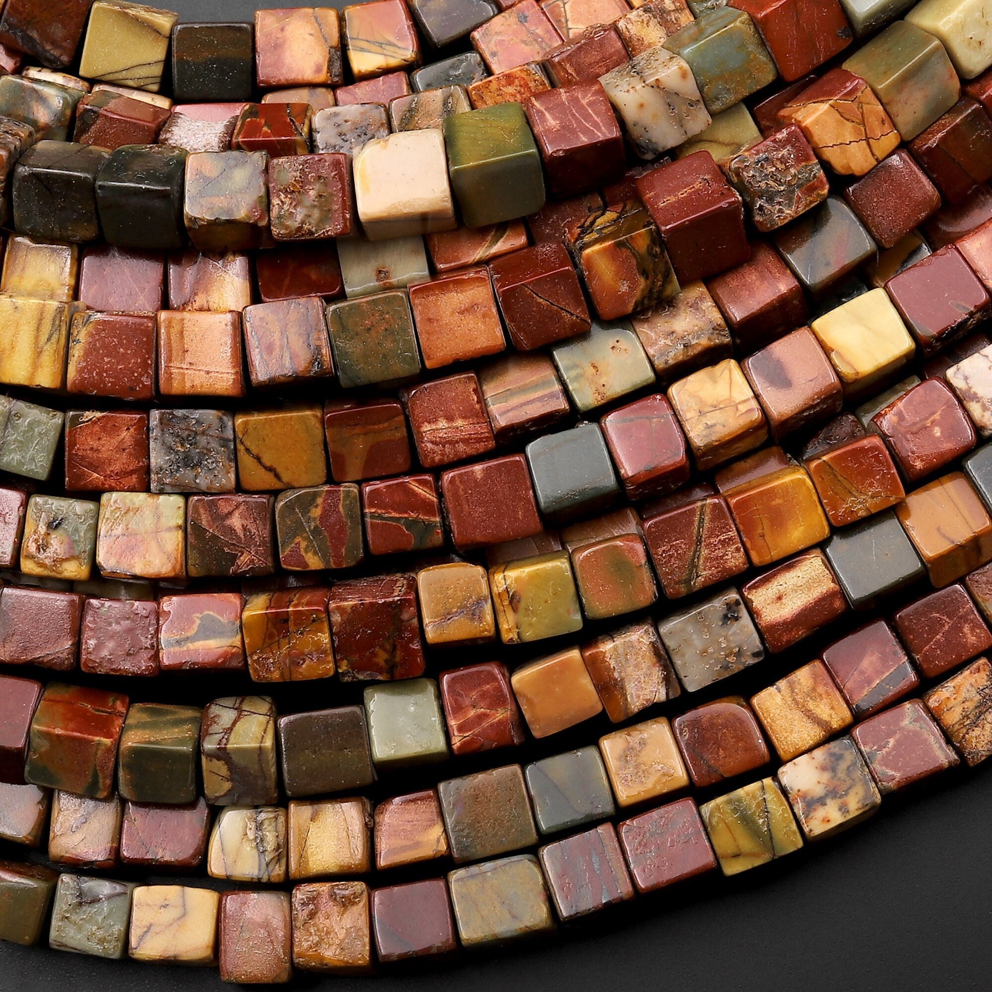 Natural Red Creek Jasper Bead 4mm Cube Beads Earthy Red Green Yellow Brown Multicolor Picasso Jasper 15.5" Strand