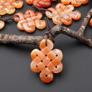 Hand Carved Natural Creamy Orange Carnelian Infinity Eternal Endless Knot Gemstone Pendant