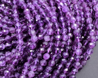 AAA Faceted Natural Amethyst 2mm 3mm 4mm 5mm 6mm Round Beads Micro Faceted Genuine Purple Amethyst Gemstone 15.5" Strand