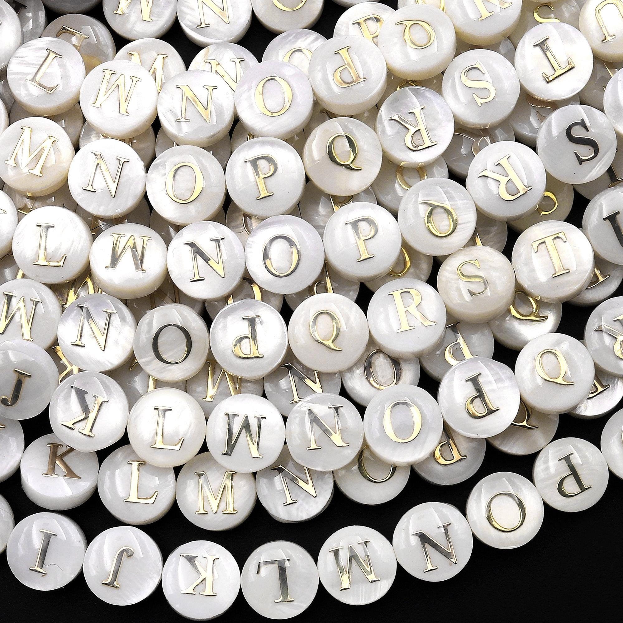 AAA Iridescent Hand Made Natural White Mother of Pearl Shell Beads 8mm Coin Gold 26 Alphabet Letter 8" Strand
