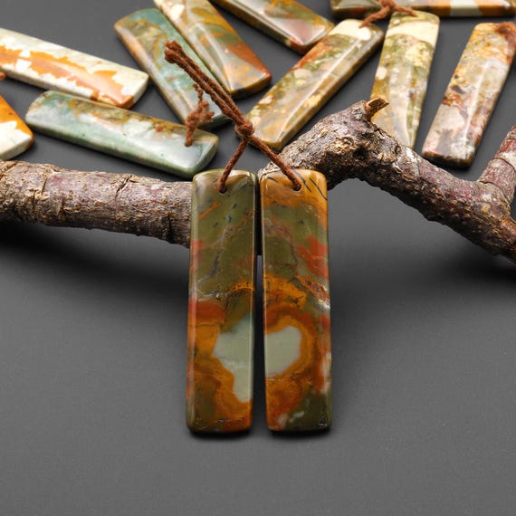 Natural Owyhee Picture Jasper Rectangle Earring Pair Drilled Matched Gemstone From Oregon