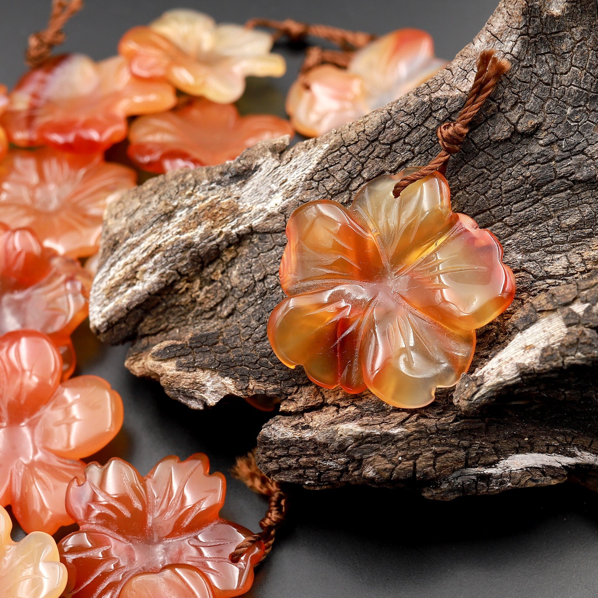 Hand Carved Natural Carnelian Flower Pendant Translucent Fiery