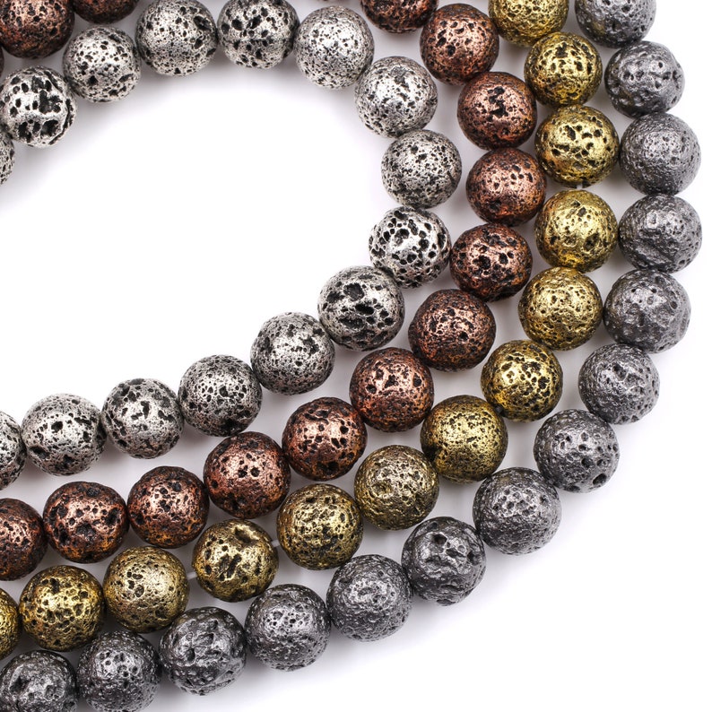 Natural Volcanic Lava Round Bead 6mm 8mm 10mm Titanium Plated Coated Antique Silver Copper Bronze Gold Black Gunmetal 15.5 Strand image 3