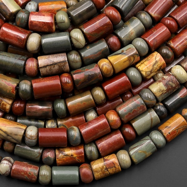 Red Creek Jasper Bead Cylinder Rondelle Tube Earthy Red Green Yellow Brown Natural Cherry Creek Multi-color Picasso Jasper 15.5" Strand