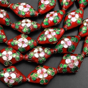 Hand Made Red Cloisonné Diamond Bead 20mm Decorative Floral 15.5" Strand