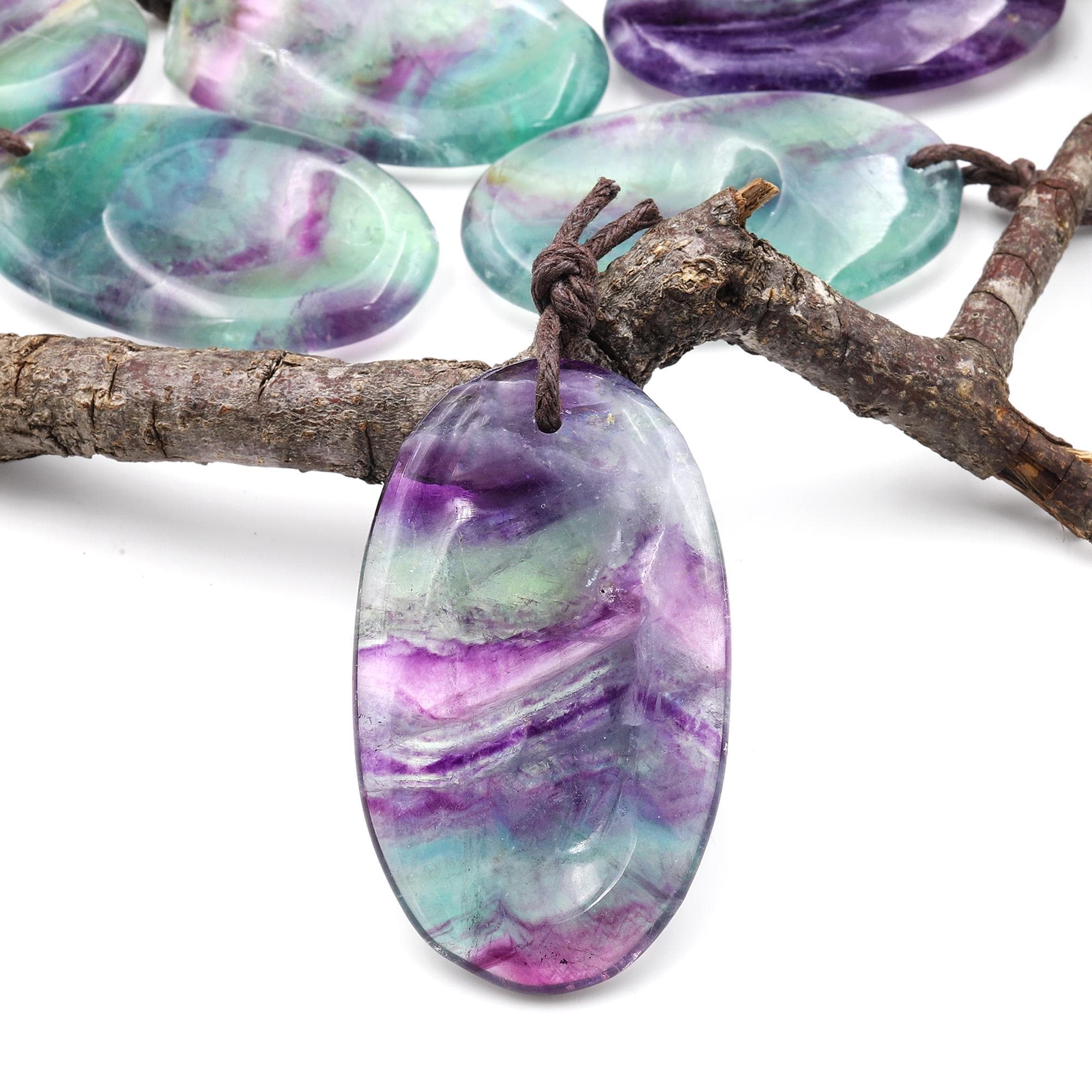 Natural Rainbow Fluorite Pendant Indented Oval Focal Worry Stone Bead
