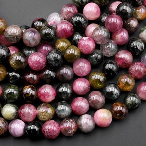 Natural Multicolor Pink Green Tourmaline 4mm 5mm 6mm Smooth Round Beads 15.5&quot; Strand