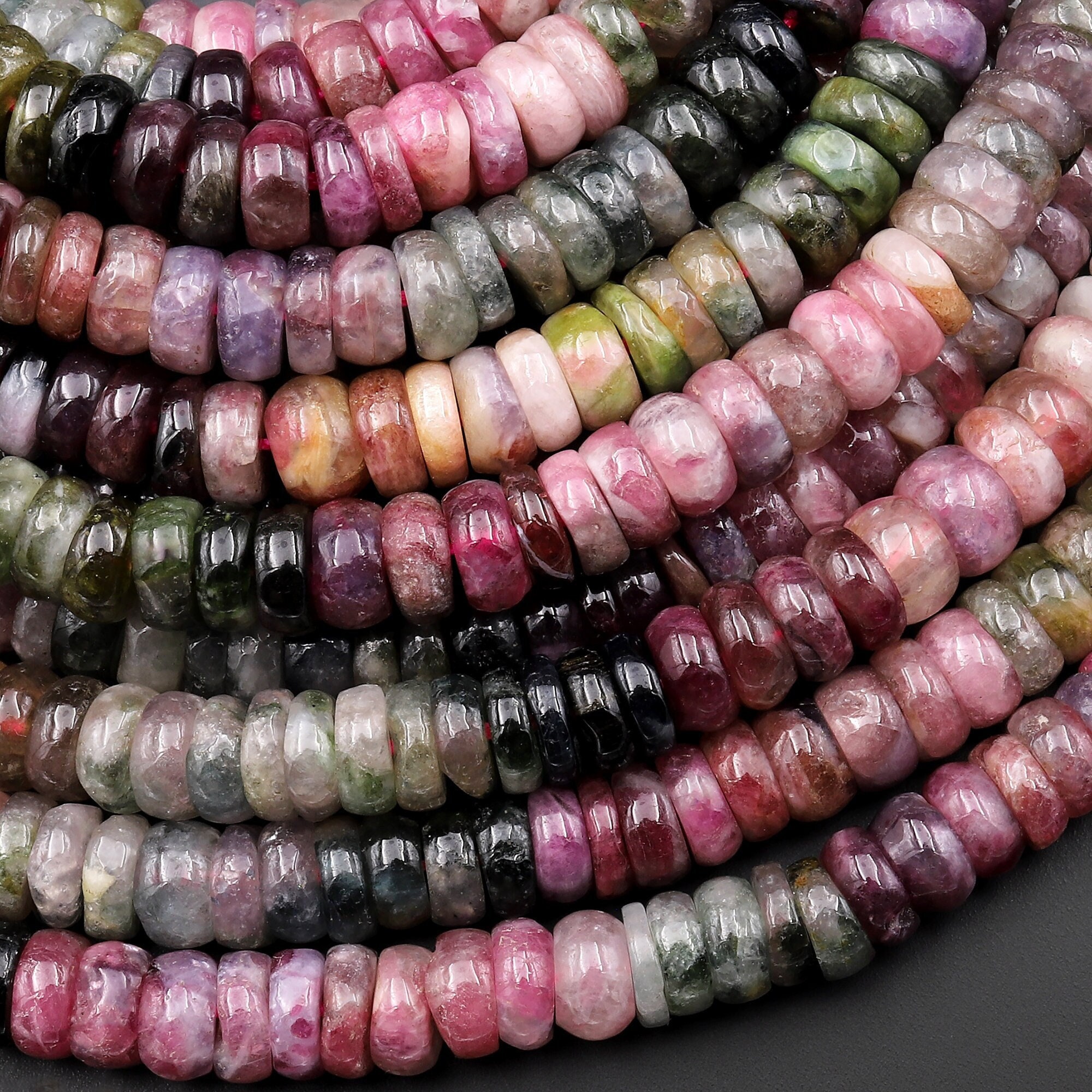 Natural Multicolor Tourmaline Heishi Rondelle Beads 4mm 5mm 6mm 7mm 8mm Watermelon Pink Green Gemstone 15.5" Strand