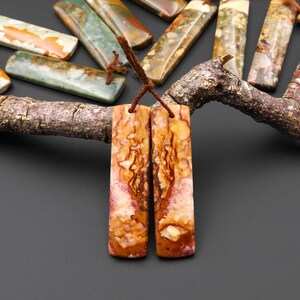 May include: Two rectangular, polished gemstone pendants with a warm color palette of orange, brown, and cream, suspended from a brown cord. Other similar stones are scattered around a tree branch.