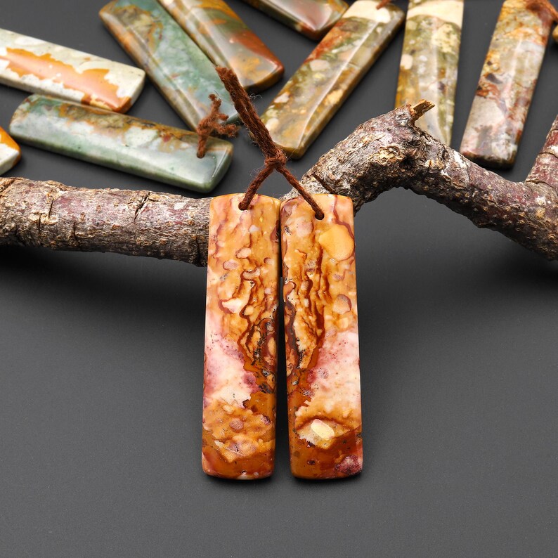 May include: Two rectangular, polished gemstone pendants with a warm color palette of orange, brown, and cream, suspended from a brown cord. Other similar stones are scattered around a tree branch.