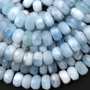 Large Faceted Natural Blue Aquamarine Thick Rondelle Wheel 10mm 12mm Beads 15.5&quot; Strand