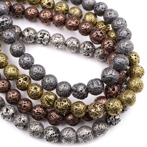 Natural Volcanic Lava Round Bead 6mm 8mm 10mm Titanium Plated Coated Antique Silver Copper Bronze Gold Black Gunmetal 15.5 Strand image 4