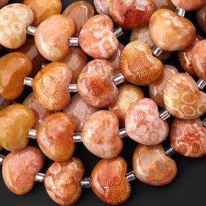 Rare Natural Salmon Pink Peach Fossil Coral Beads Smooth Puffy Heart Gemstone 15.5&quot; Strand