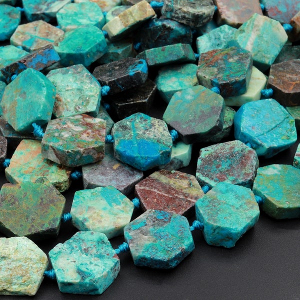 Chrysocolla Beads Hexagon Shape Flat Slice Rare Energy Stone Genuine Real 100% Natural Blue Green Gemstone 15.5" Strand