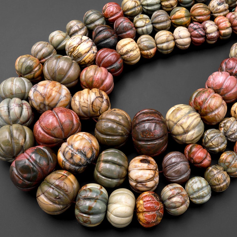 Graduated Natural Red Creek Jasper Beads Hand Carved Melon Pumpkin Earthy Red Green Yellow Brown Gemstone 16.5 Strand image 3