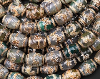 Cuentas de ágata tibetana en forma de tambor, estilo dzi, verde y marrón, con dragón grabado, estilo bohemio antiguo, tira de 15,5"
