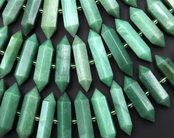 Natural Green Aventurine Beads Double Terminated Points Center Drilled Thin Long Healing Natural Crystal 15.5" Strand