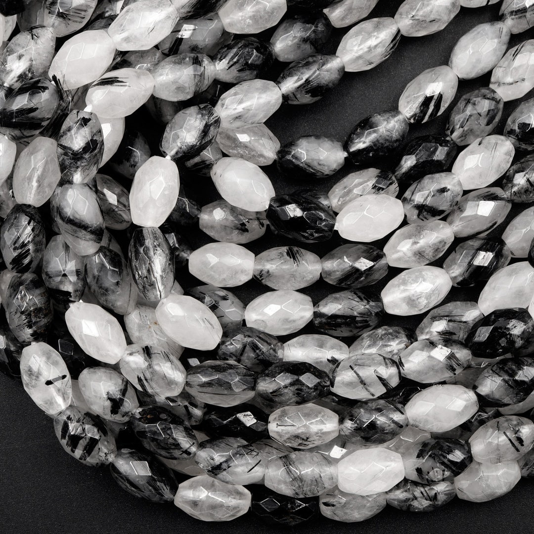 Black Rutilated Quartz Beads Faceted Drum Barrel 9mm 12mm