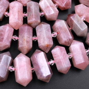 Naturlig mauve rosa rosenkvarts fasetterad dubbelterminerad spets mittborrad fokalhängespärla kula bikon 15,5" sträng