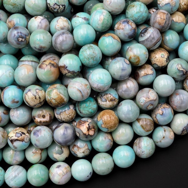 Seafoam Vert Bleu Aqua Terra Agate 6mm 8mm 10mm 12mm Perles rondes Aka Dragon's Eye 14" Brin