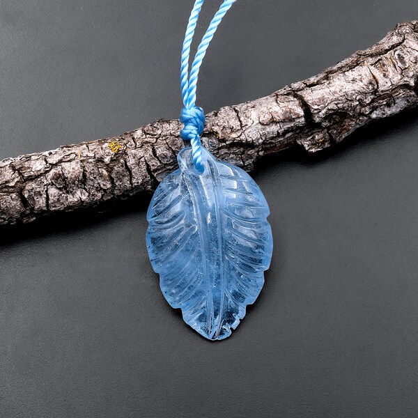 Hand Carved Natural Blue Aquamarine Leaf Pendant Bead Drilled Gemstone