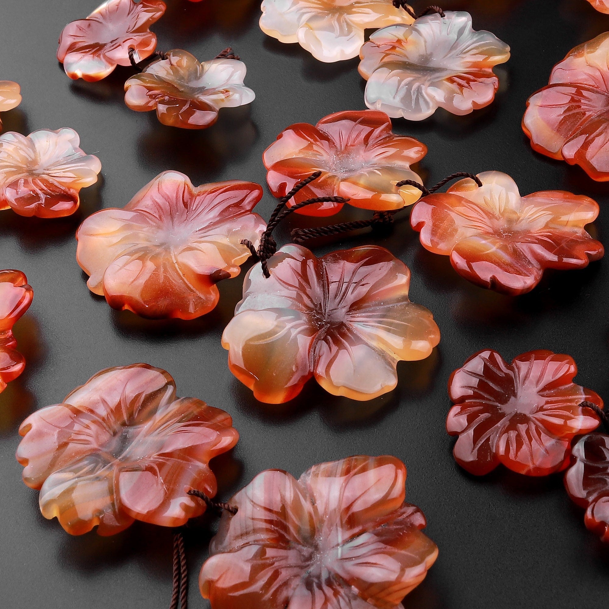 Natural Carved Hand 版画「曼華鏡」CARNELIAN Carnelian Gemstone Drilled Pair Earring Flower その他