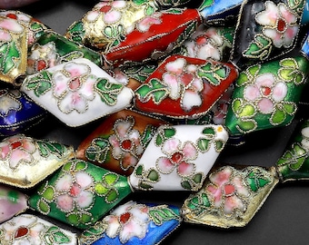 Hand Made Cloisonné Diamond Beads 20mm Decorative Floral Enamel 15.5" Strand