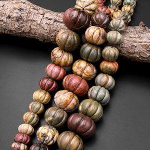 Graduated Natural Red Creek Jasper Beads Hand Carved Melon Pumpkin Earthy Red Green Yellow Brown Gemstone 16.5 Strand image 4