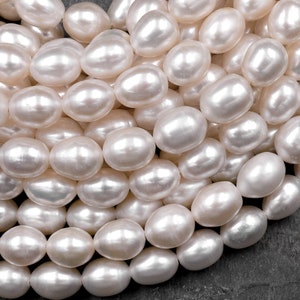 AAA Genuine White Freshwater Potato Oval 6mm 8mm 10mm Pearl Shimmery Iridescent Classic White Pearl 15.5" Strand