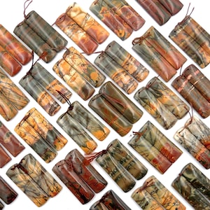 Natural Red Creek Jasper Rectangle Earring Pair Cabochon Cab Drilled Long Rectangle Matched Gemstone Bead Pair Aka Multicolor Picasso Jasper