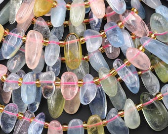 Natural Blue Green Yellow Aquamarine Pink Morganite Freeform Oval Pebble Nugget Beads Side Drilled Gemstone 15.5" Strand
