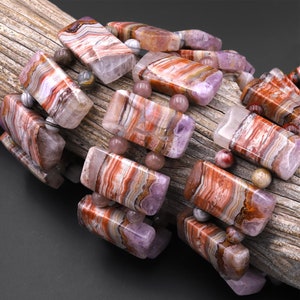 Rare Natural Rainbow Amethyst Rectangle Tile Double Drilled Bracelet Red Purple Beads 30mm 8&quot; Strand