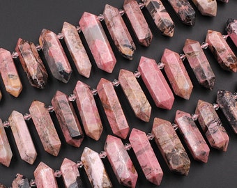 Natural Pink Red Rhodonite Beads Faceted Double Terminated Point Bullet Long Side Drilled Pendant Pendulum Bead 15.5" Strand
