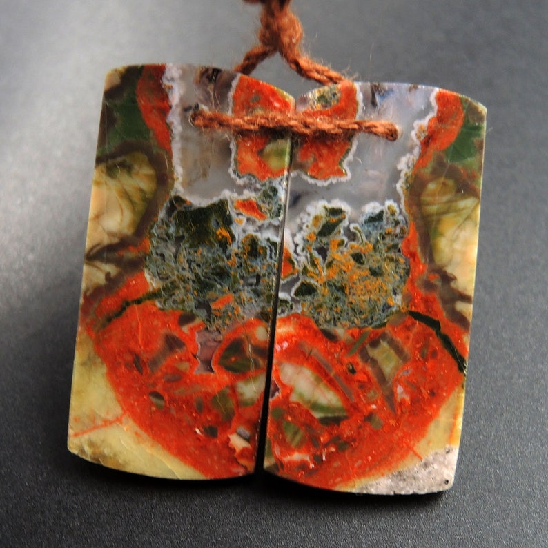 Drilled Gemstone Earring Pair Stone Natural Matched Cabochon Pair Cab Pair Symmetrical Rectangle Shaped Earring Beads Mushroom Agate E3309