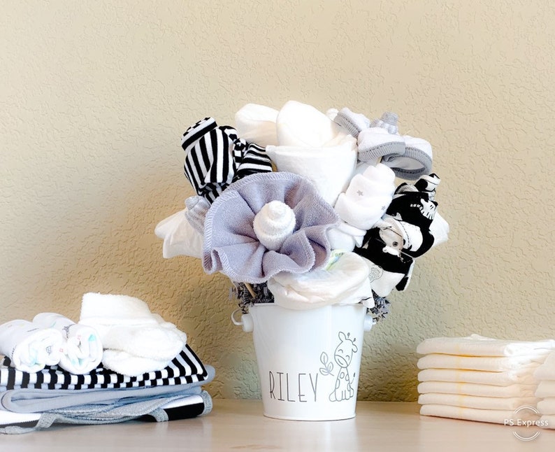 Personalized New Baby Gift Modern Monochromatic Baby Shower Decor Modern Giraffe NurseryBaby Gift Custom Tin Baby Clothing Bouquet