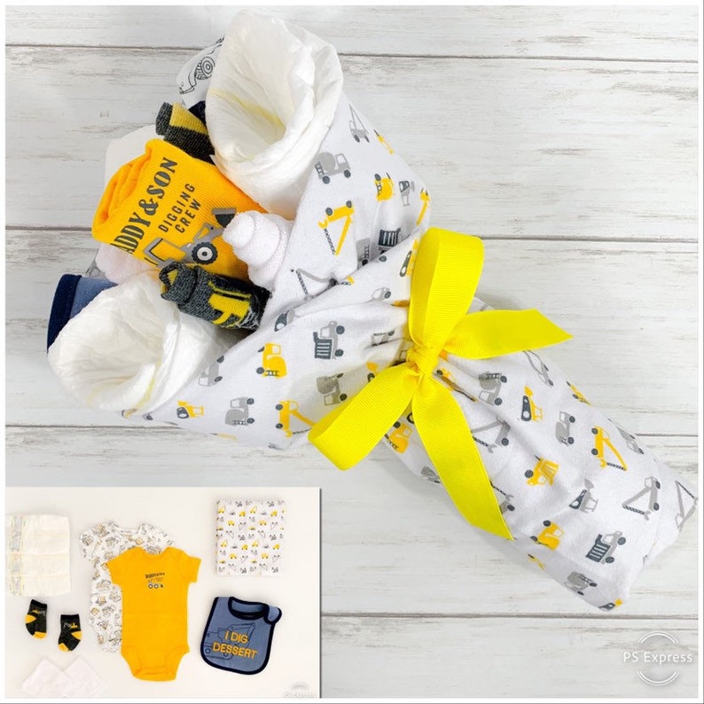 Tools and Trucks Baby Clothing Gift Bouquet - Boys Sock Bouquet Big Trucks Baby Shower Decor Construction Baby Shower