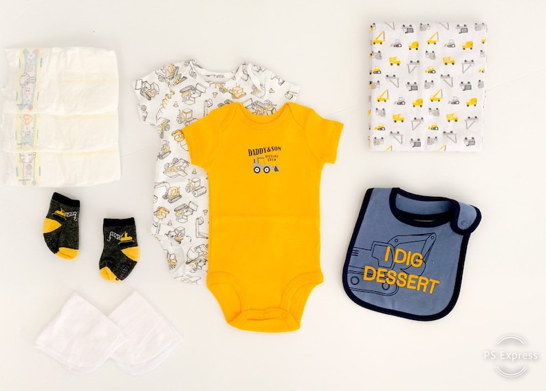 Tools and Trucks Baby Clothing Gift Bouquet - Boys Sock Bouquet Big Trucks Baby Shower Decor Construction Baby Shower