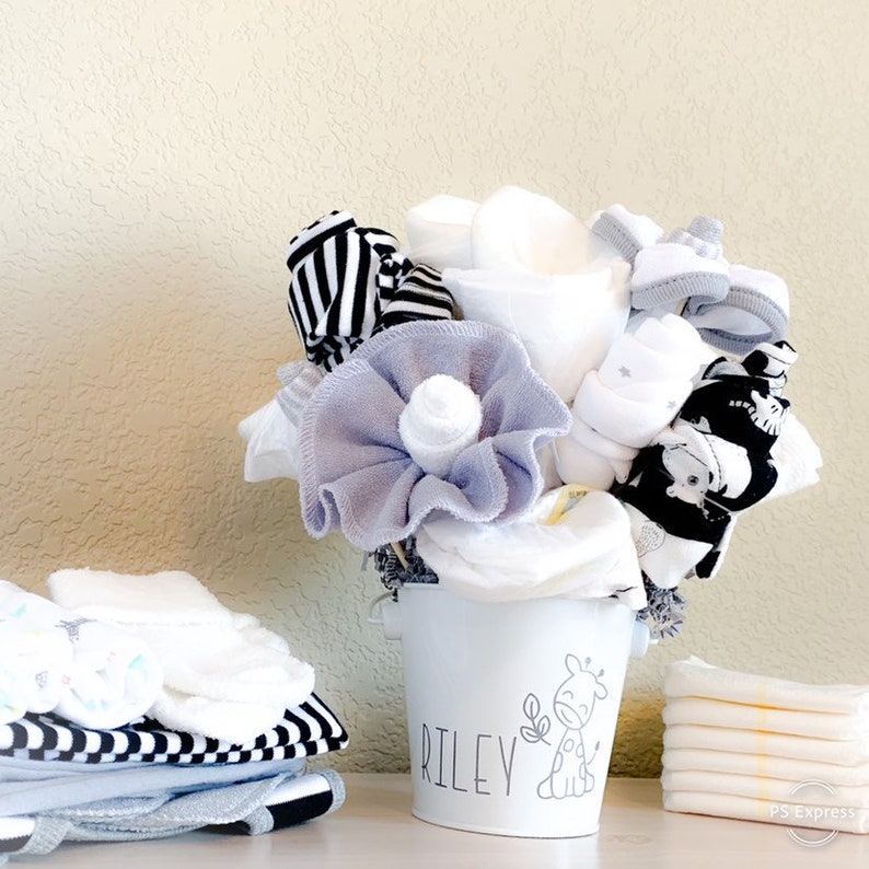 Personalized New Baby Gift Modern Monochromatic Baby Shower Decor Modern Giraffe NurseryBaby Gift Custom Tin Baby Clothing Bouquet