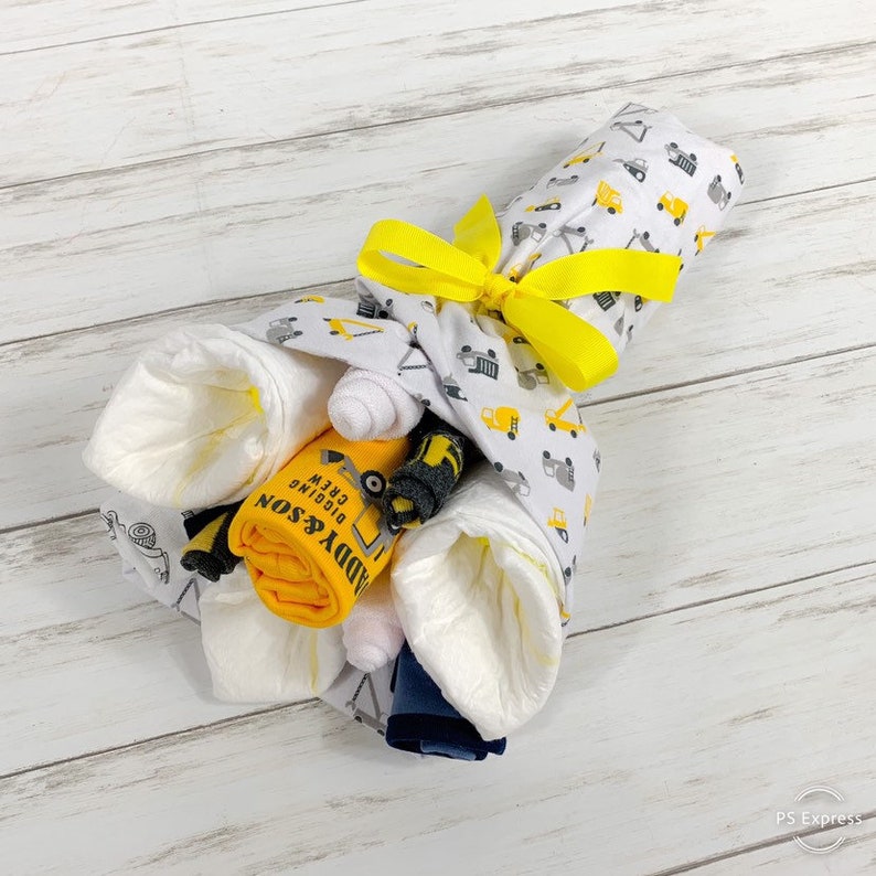 Tools and Trucks Baby Clothing Gift Bouquet - Boys Sock Bouquet Big Trucks Baby Shower Decor Construction Baby Shower