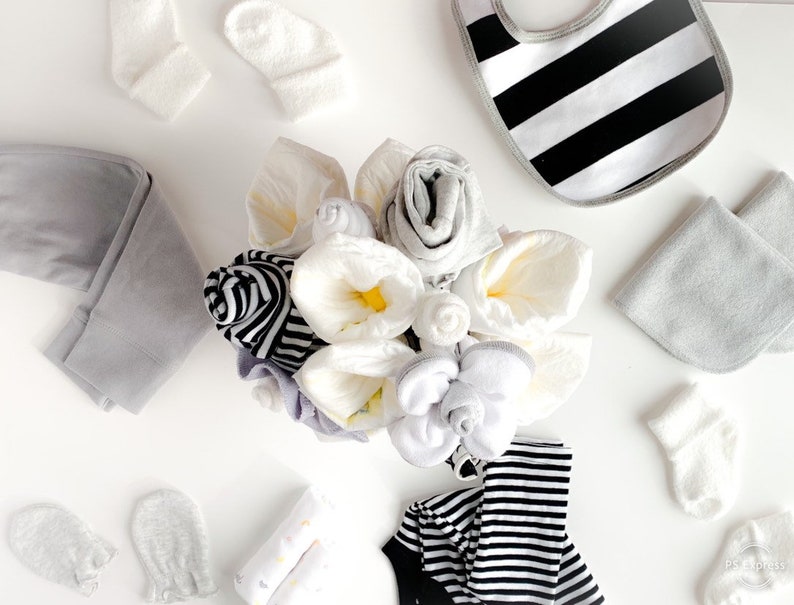 Personalized New Baby Gift Modern Monochromatic Baby Shower Decor Modern Giraffe NurseryBaby Gift Custom Tin Baby Clothing Bouquet