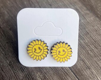 Smiling Sunflower Wood Earrings | Hand-Painted Summer Flower Jewelry