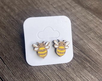 Hand-Painted Bumble Bee Earrings | Wooden Studs