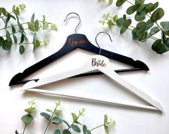 Bride & Groom Wooden Hanger Set – Laser Engraved Wedding Hangers – Bridal Shower Gift