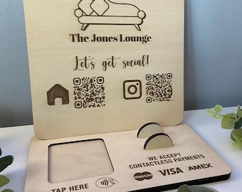 Laser Engraved Wooden Business Sign, QR Code Display, Card & Reader Holder