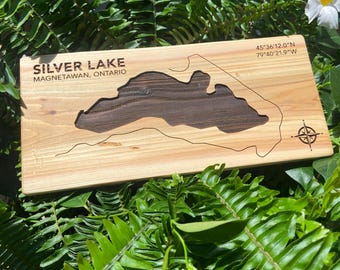 Custom Engraved Lake Map Wood Sign, Personalized Cottage Decor