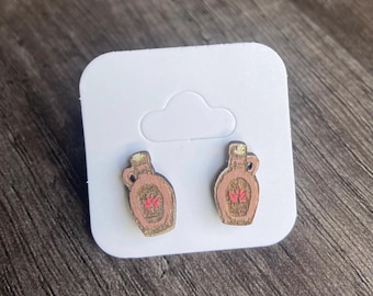 Mini Maple Syrup Bottle Earrings | Canada Wood Studs