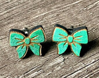 Hand-Painted Green Bow Earrings | Wooden St. Patrick's Day Studs