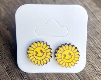 Smiling Sunflower Wood Earrings | Hand-Painted Summer Flower Jewelry