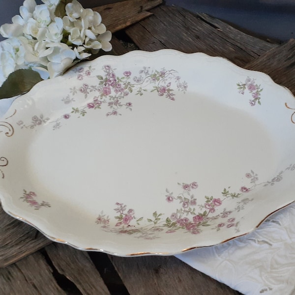 Buffalo Pottery Oval Platter w/ Pink Roses Greenery and Gold Trim  c.1920-30s - Appetizer Tray,  Pastry Dish, Cottage Decor, Vanity Tray