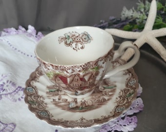 Vintage China Teacup -  Heritage Hall Staffordshire Ironstone Cup & Saucer Set - Johnson Bros. Brown Transferware Teacup / Coffee Cup / Fall